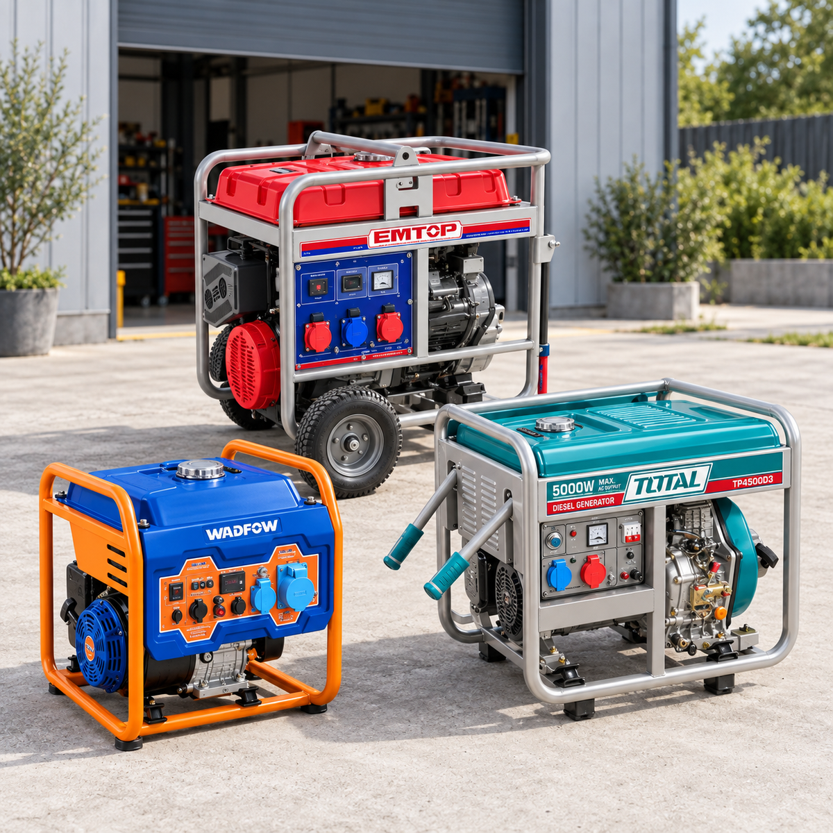 Groupes électrogènes — sélection d’équipements présentée dans une scène professionnelle.