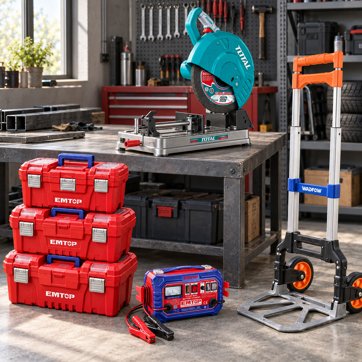 Atelier, garage et manutention — sélection d’équipements présentée dans une scène professionnelle.