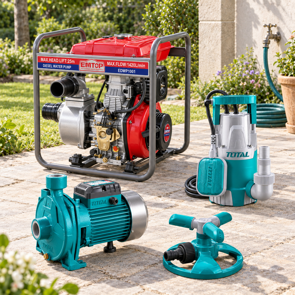 Pompes et irrigation — sélection d’équipements présentée dans une scène professionnelle.