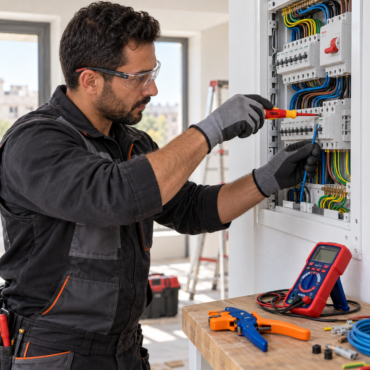 Électriciens et installateurs — professionnel en activité avec des outils adaptés à son métier.