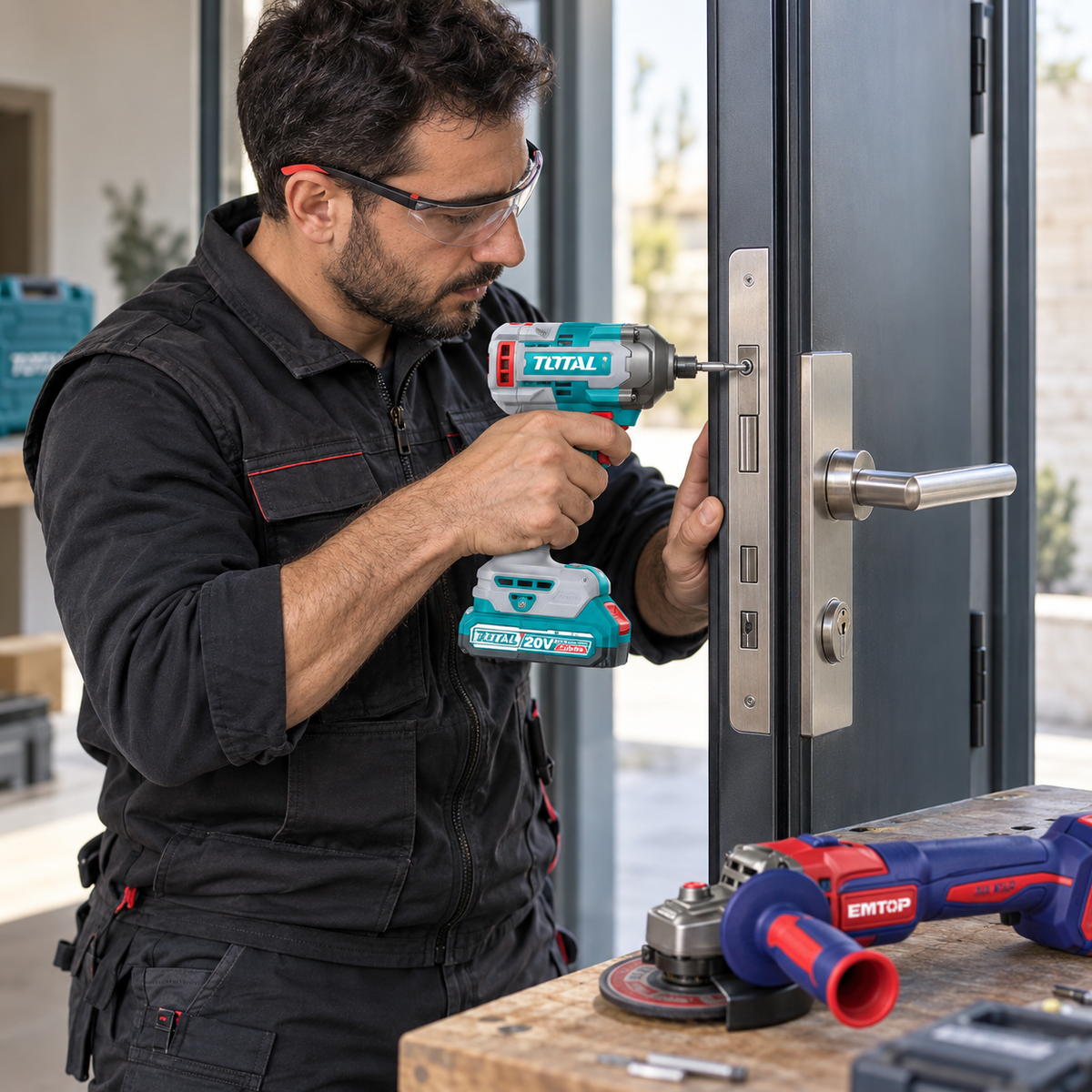 Serruriers et installateurs — professionnel en activité avec des outils adaptés à son métier.