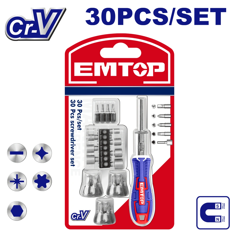 Jeu de 30 tournevis á cliquet EMTOP EBST03006