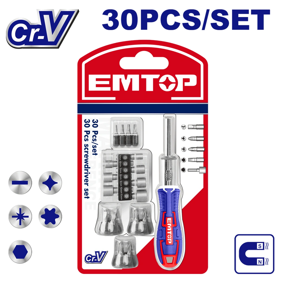 Jeu de 30 tournevis á cliquet EMTOP EBST03006