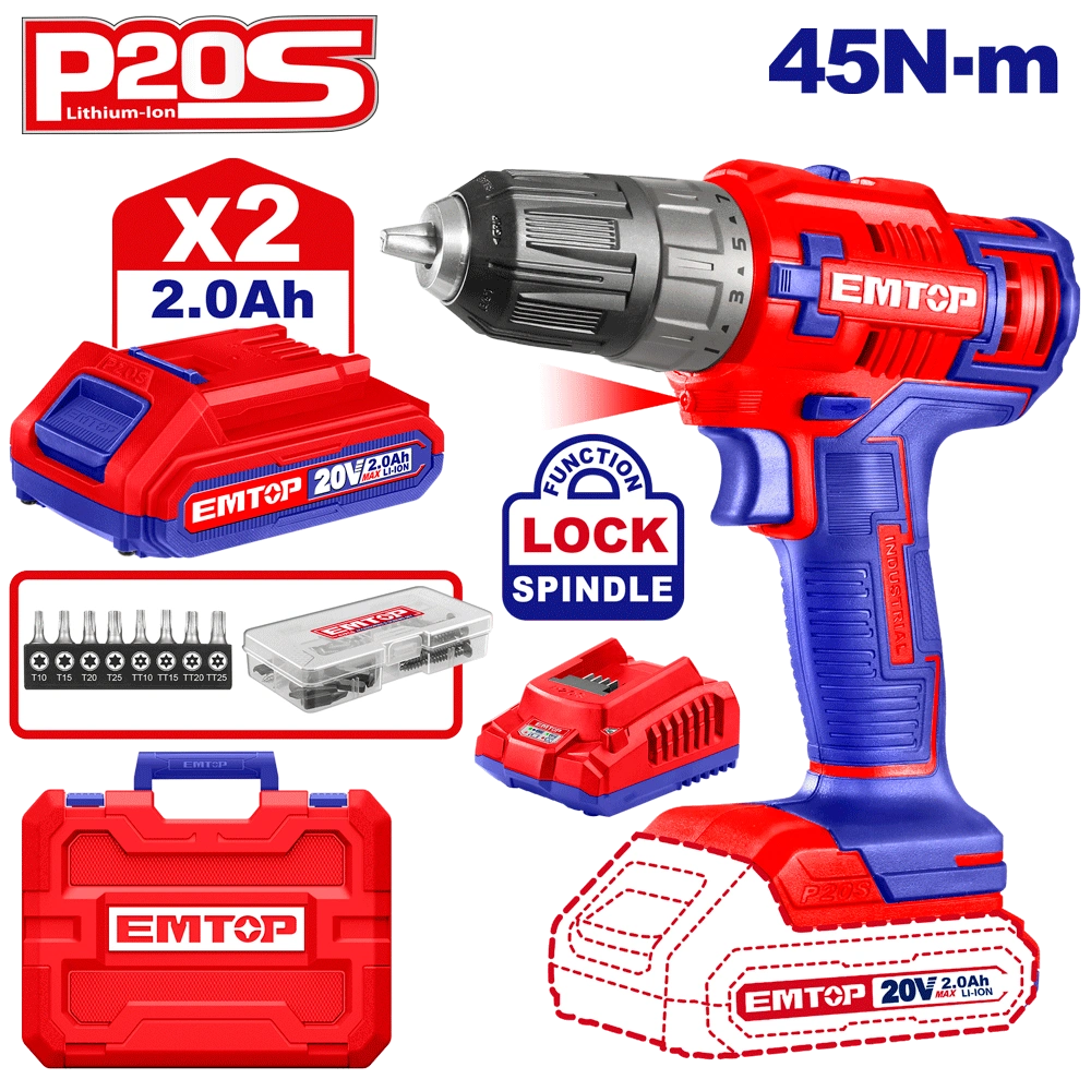 Perceuse viss 20V 45NM 2BAT+55AC EMTOP ECDL200528