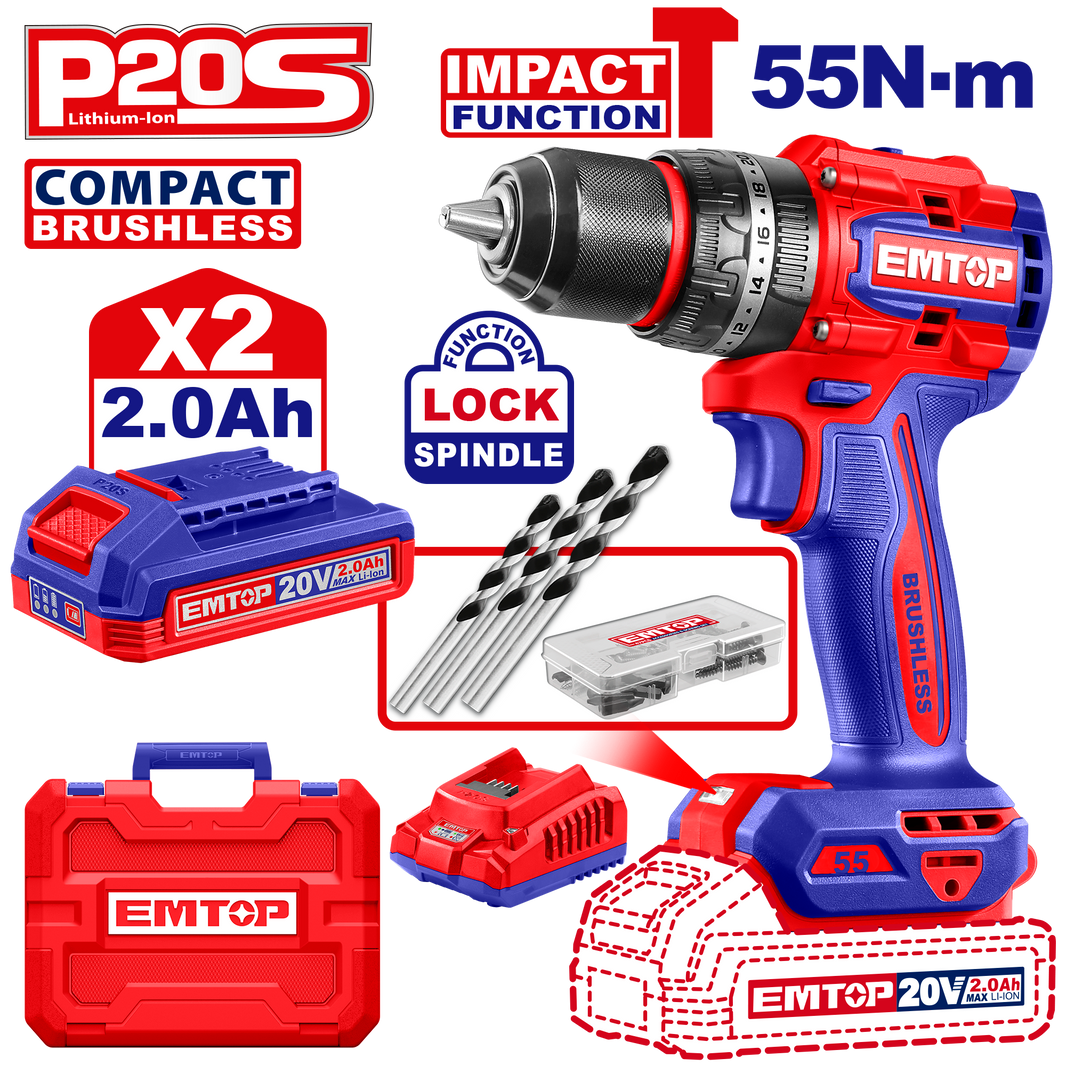 Perceuse à perc brush 20V 55NM EMTOP ECIDL20558