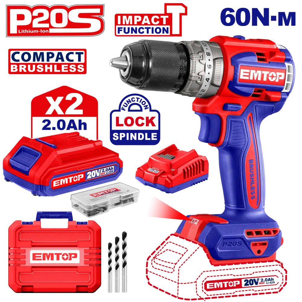 Perceuse a perc brush 20V 60NM+AC EMTOP ECIDL20602