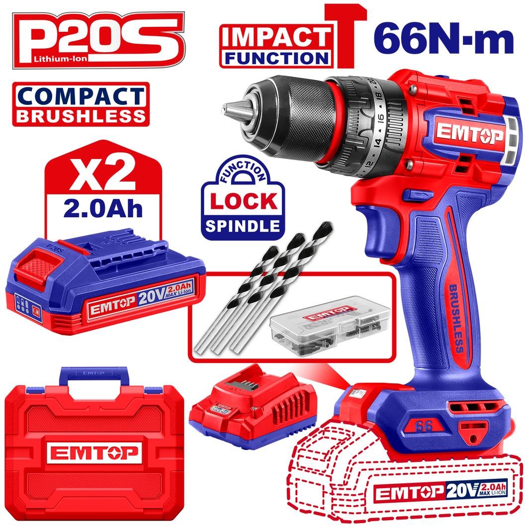 Perceuse à perc brush 20V 66NM+AC EMTOP ECIDL20668
