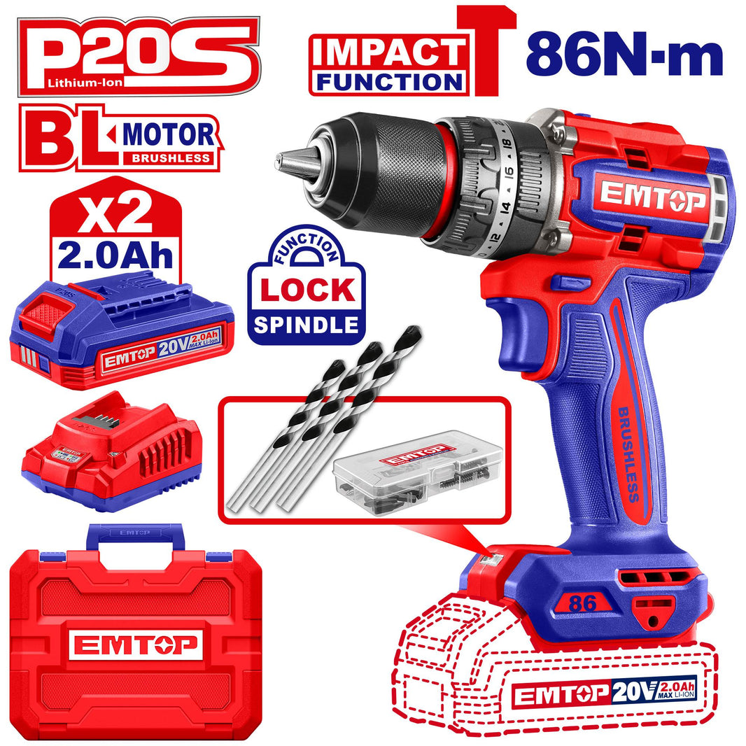 Perceuse visseuse 20V 86NM 2B2AH EMTOP ECIDL208687