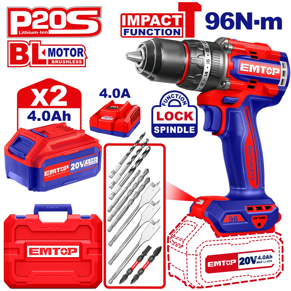 Perceuse à perc brush 20V 96NM+AC EMTOP ECIDL20968