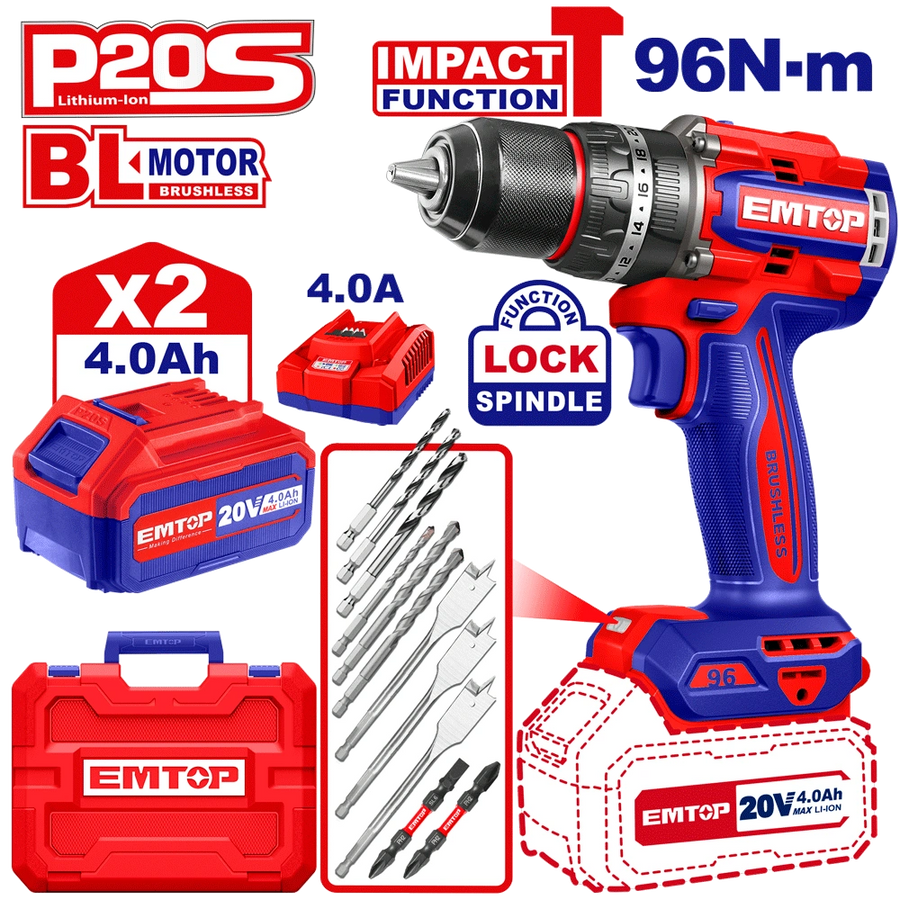 Perceuse à perc brush 20V 96NM+AC EMTOP ECIDL20968