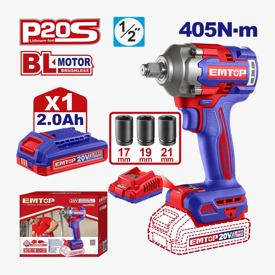 Clé à choc 20V brush 1/2″405NM 1B2 EMTOP ECIWL20455