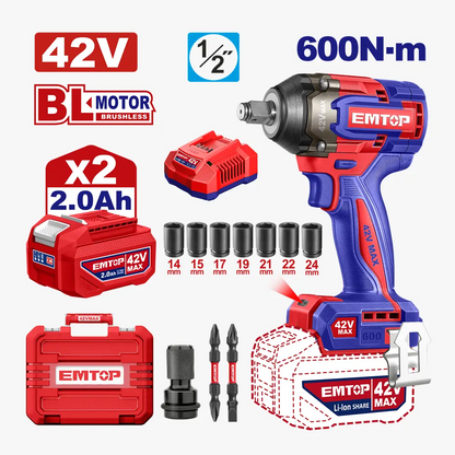 Clé à choc 42V 1/2″ 600NM 2B EMTOP ECIWL42602