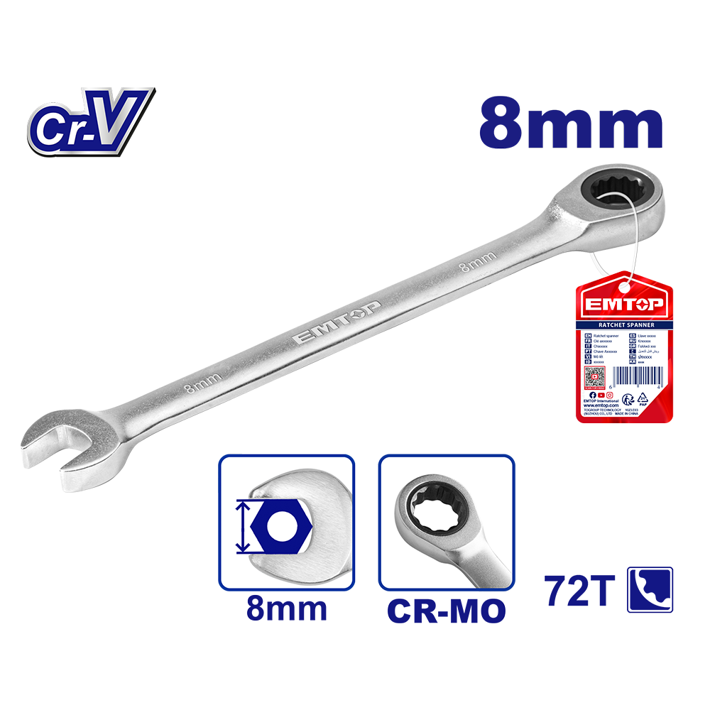 Clé mixte á cliquet t fixe 8MM EMTOP ECSPAR081