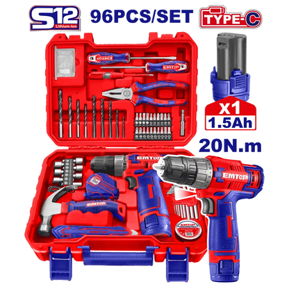 Valise d’outils+visseuce 12V 96P EMTOP EEDK09601