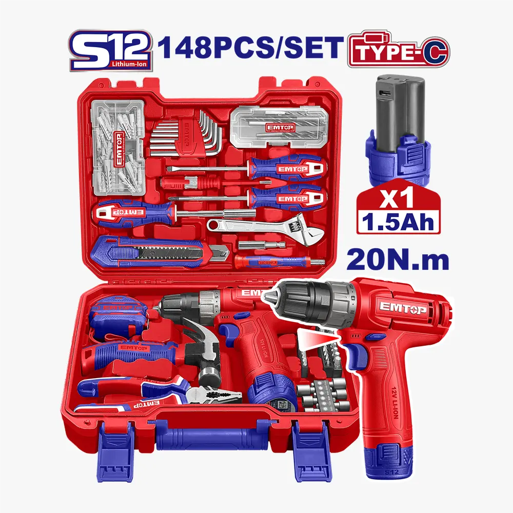 Valise d’outils+visseuse 12V 148P EMTOP EEDK14801