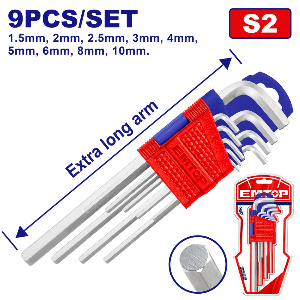 Jeu 9 clés hex T1.5-T10 extra long EMTOP EHKY1092