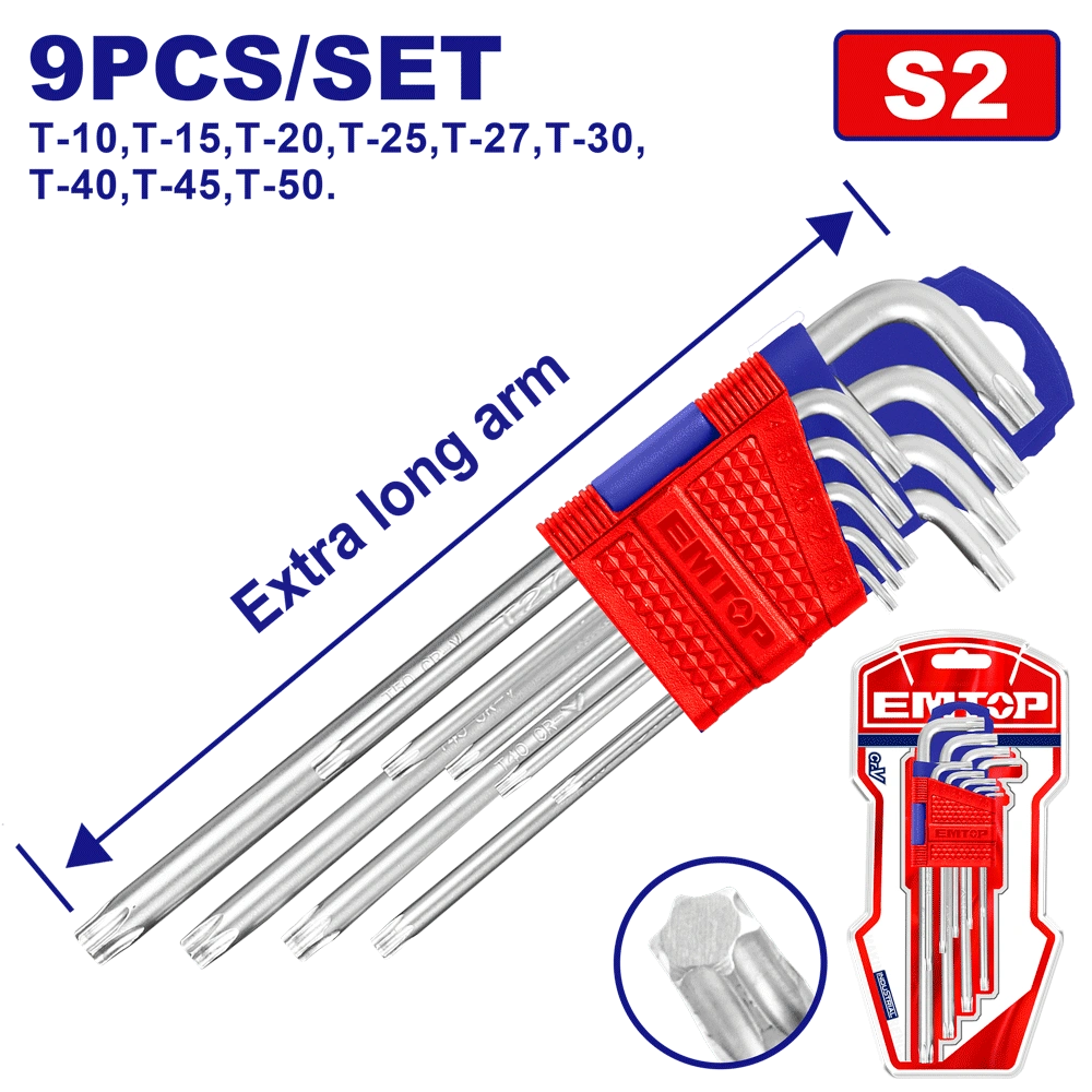 Jeu 9 clés thorx T10-T50 extra long EMTOP EHKY3092