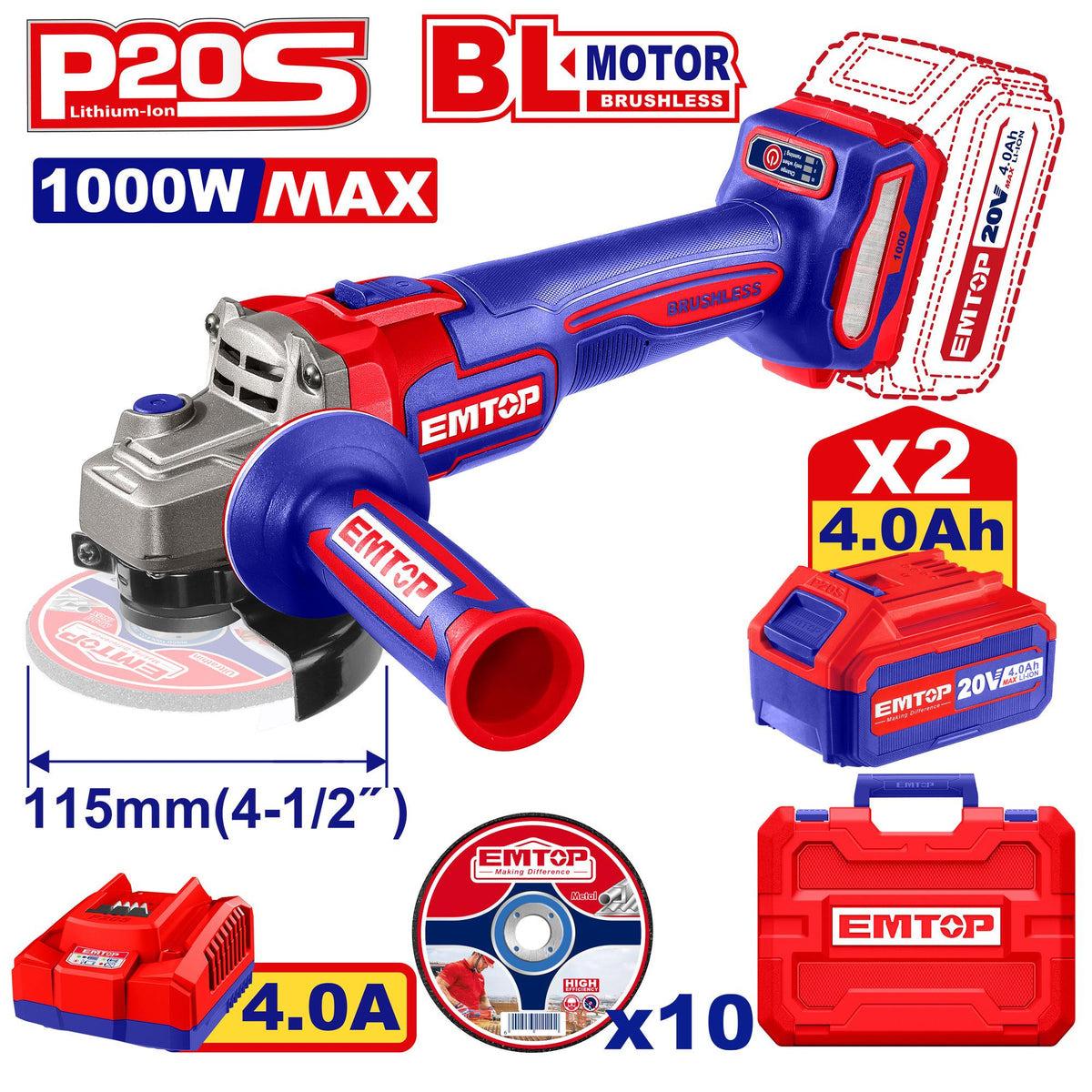 Meule 115 20V brush 2B 4AH+10DIS EMTOP ELAG271532