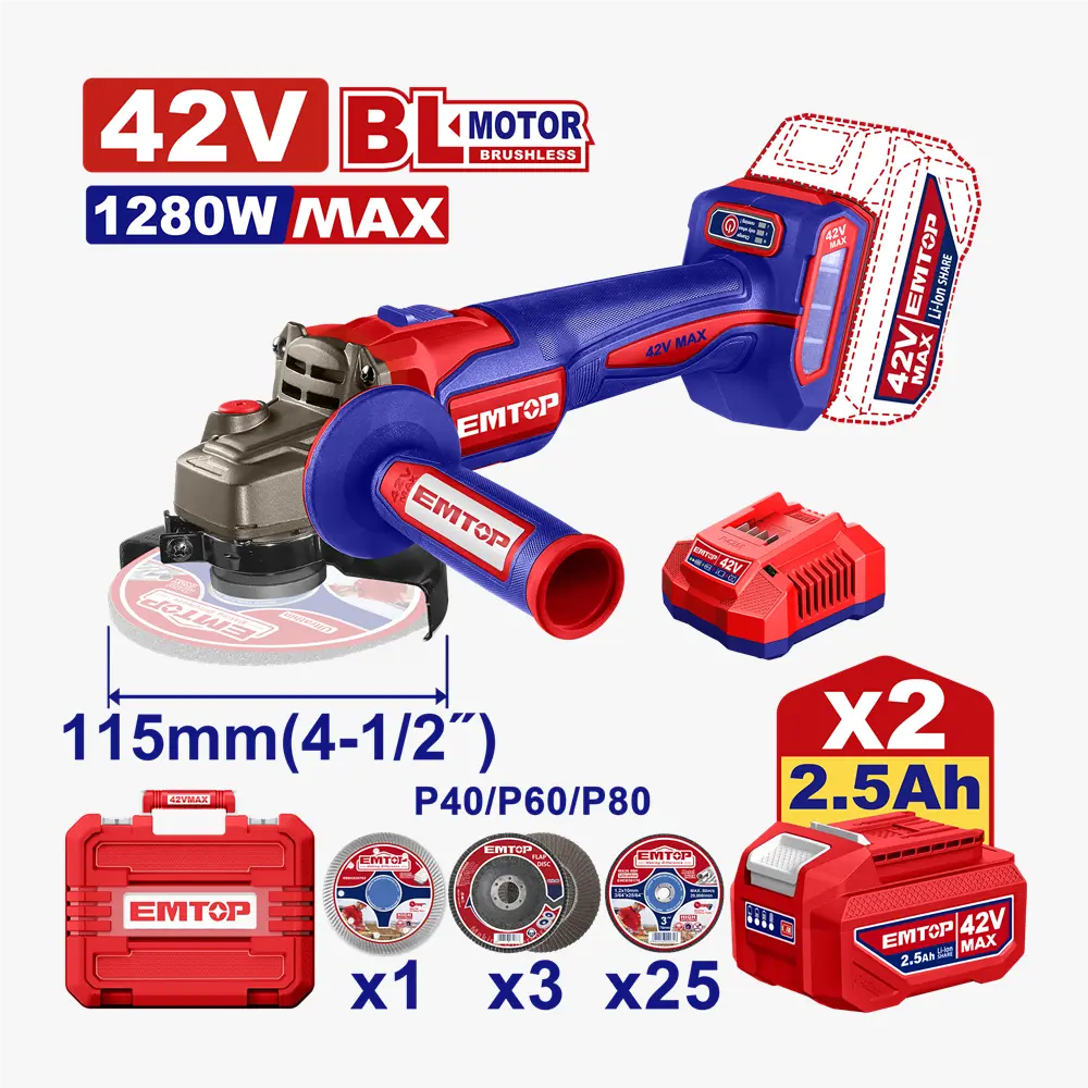 Meule 115 42V brush 2B 2.5AH 1200W EMTOP ELAG4128112