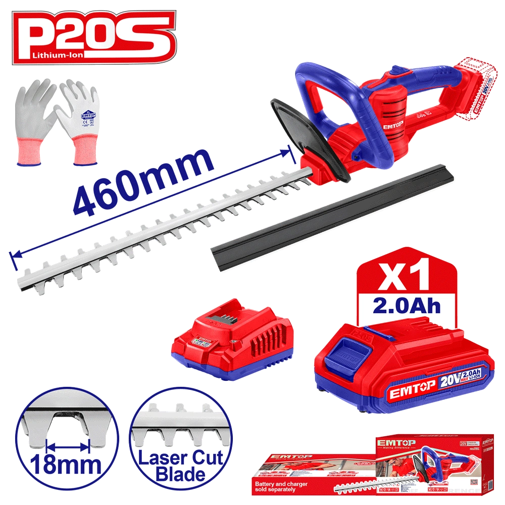 Taille-haie 20V+BAT 460MM+GANT EMTOP ELHT204611