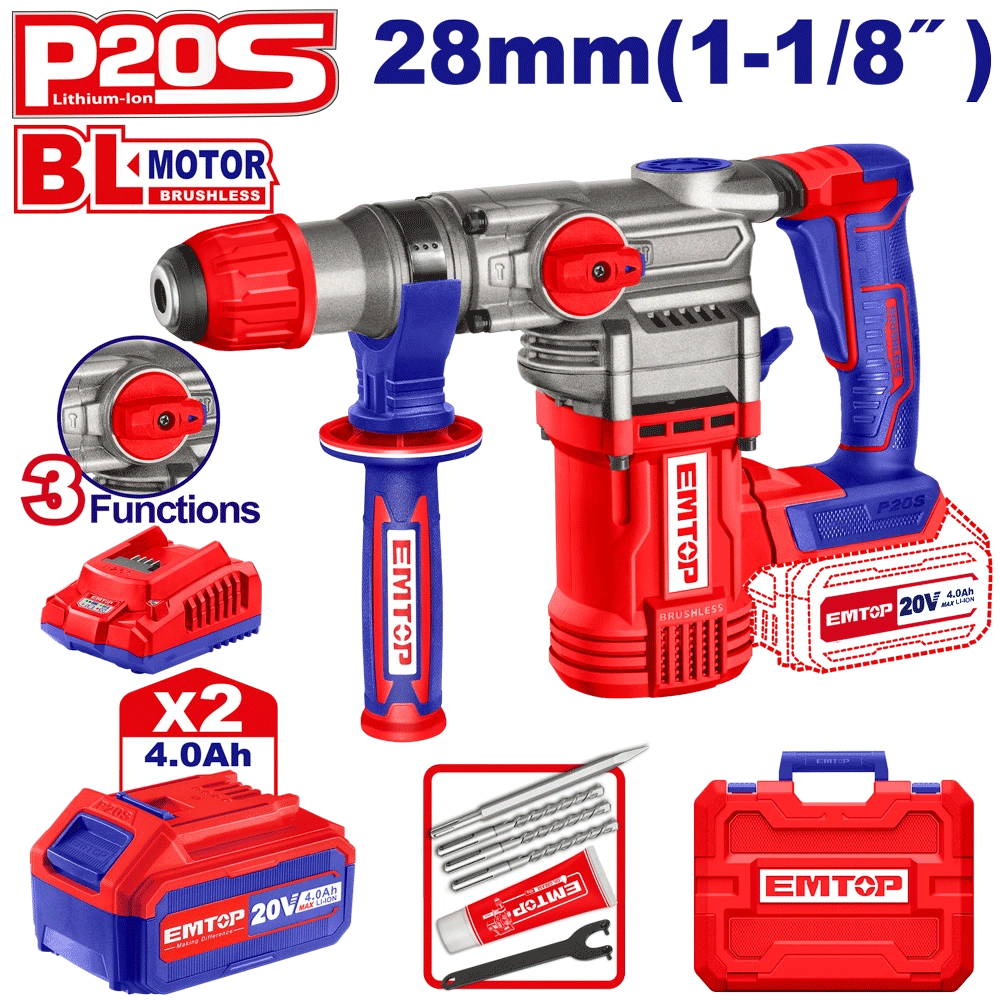 Perfo SDS+20V 2B 4AH 28 brush+ac EMTOP ELRH202882