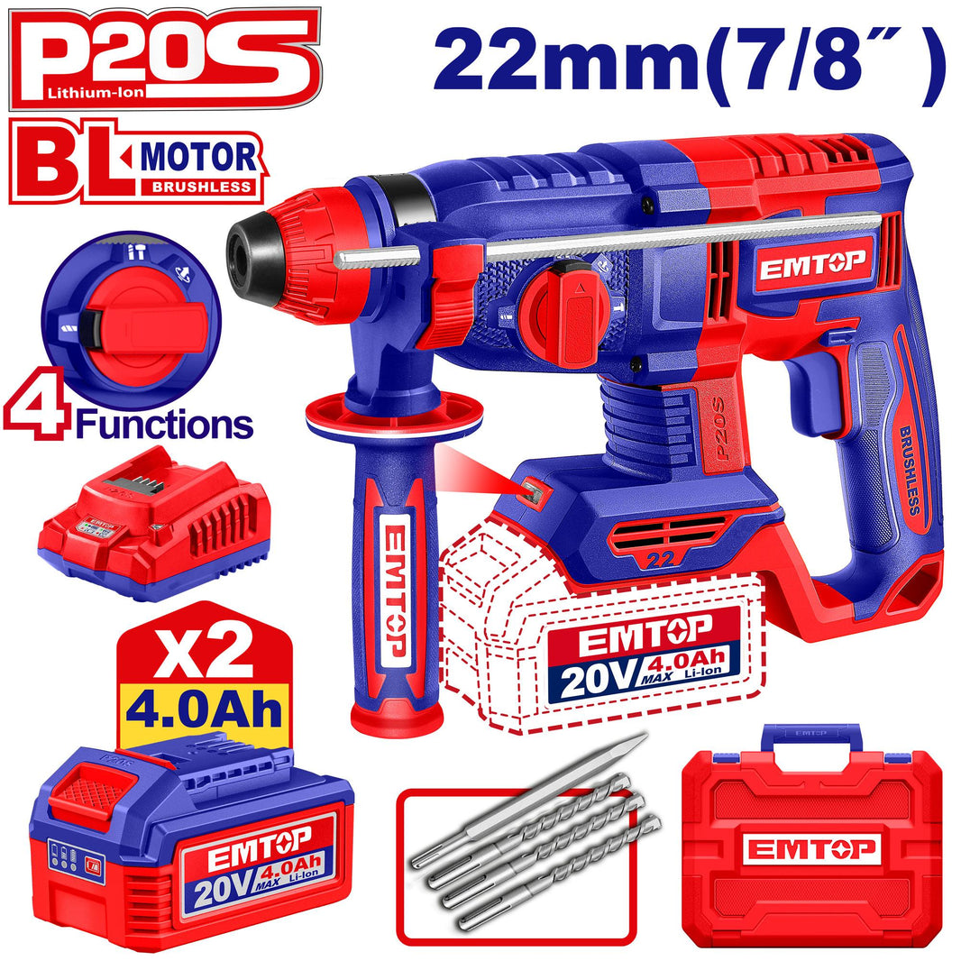 Perfo SDS+20V 2B 4AH 22 brush+ac EMTOP ELRH212282