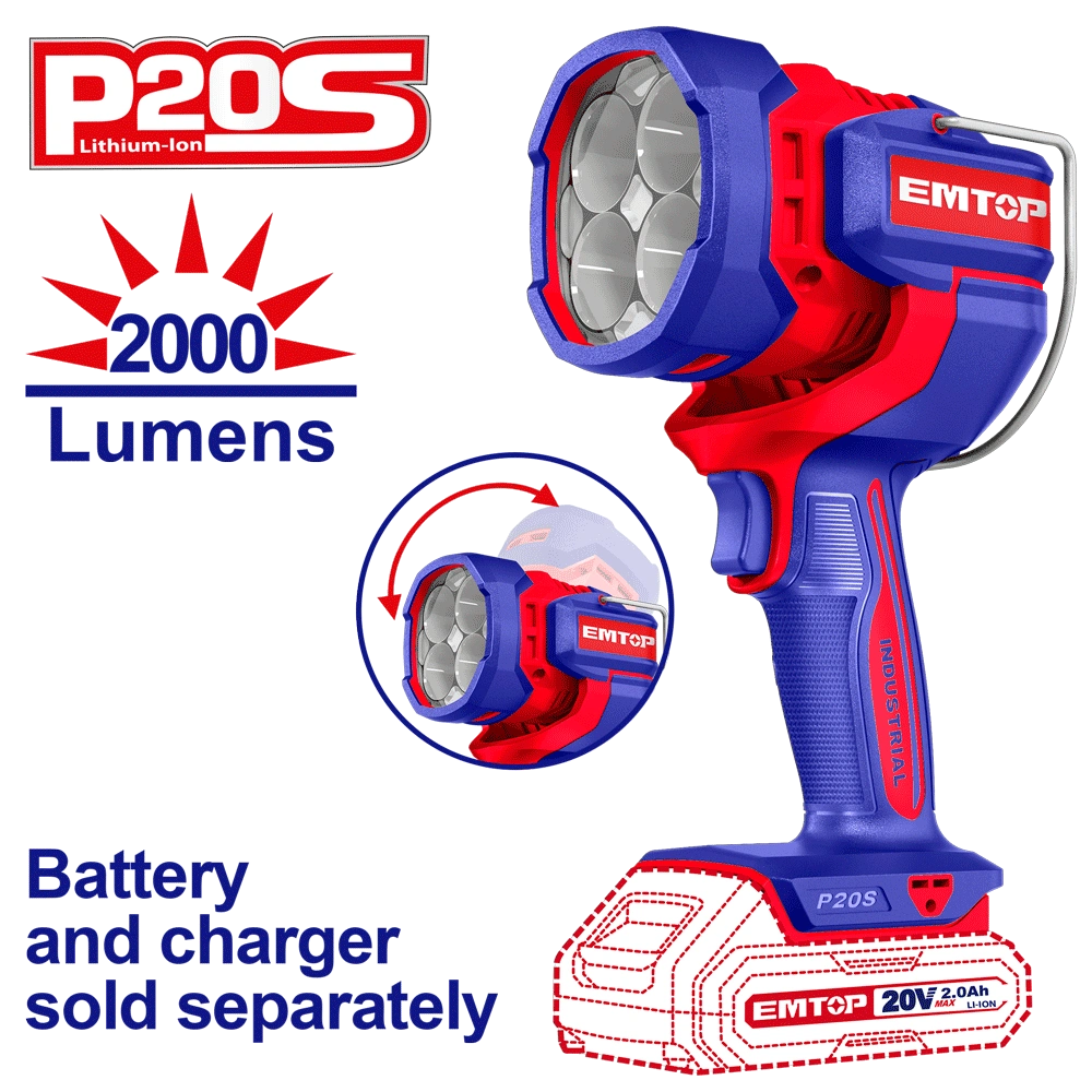 Torche LED 20V 2000 lumens EMTOP ELWLI2088