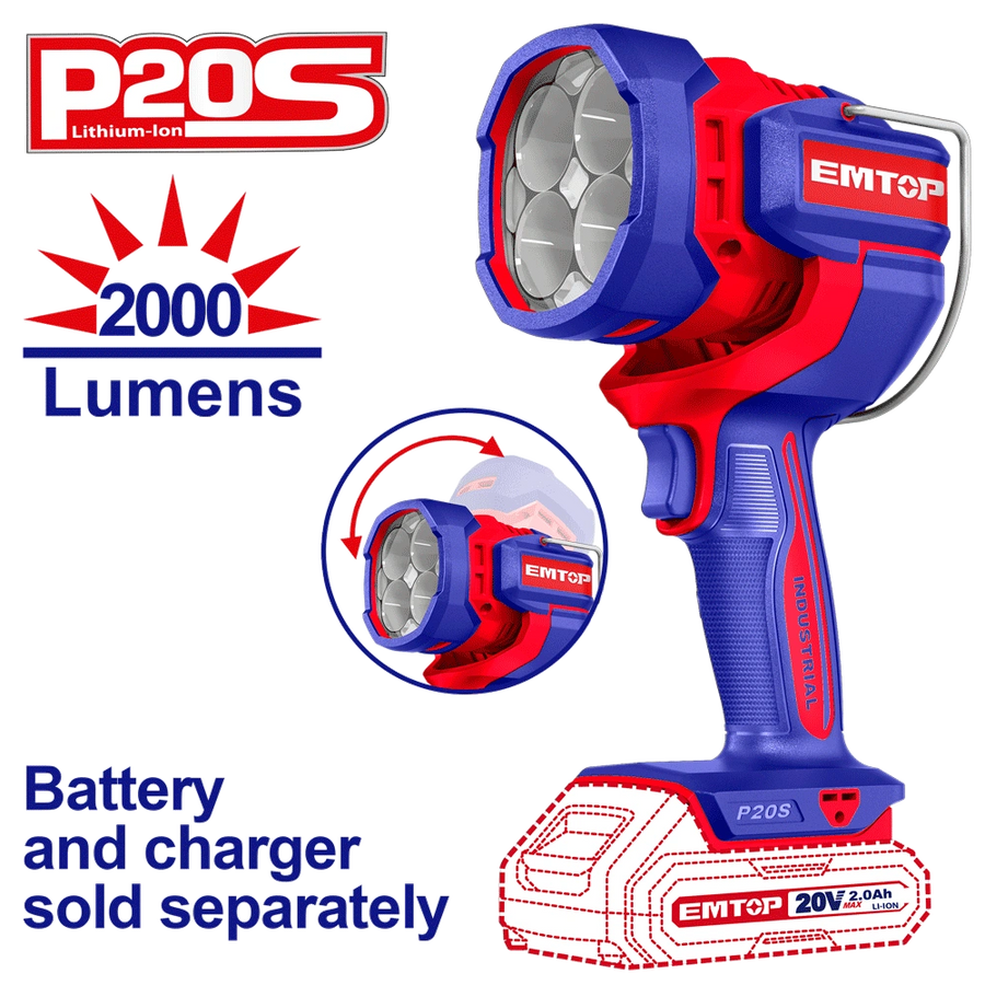 Torche LED 20V 2000 lumens EMTOP ELWLI2088