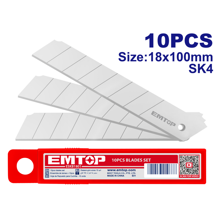 Jeu de 10 lames de couteau de 18 mm EMTOP ESKB1801