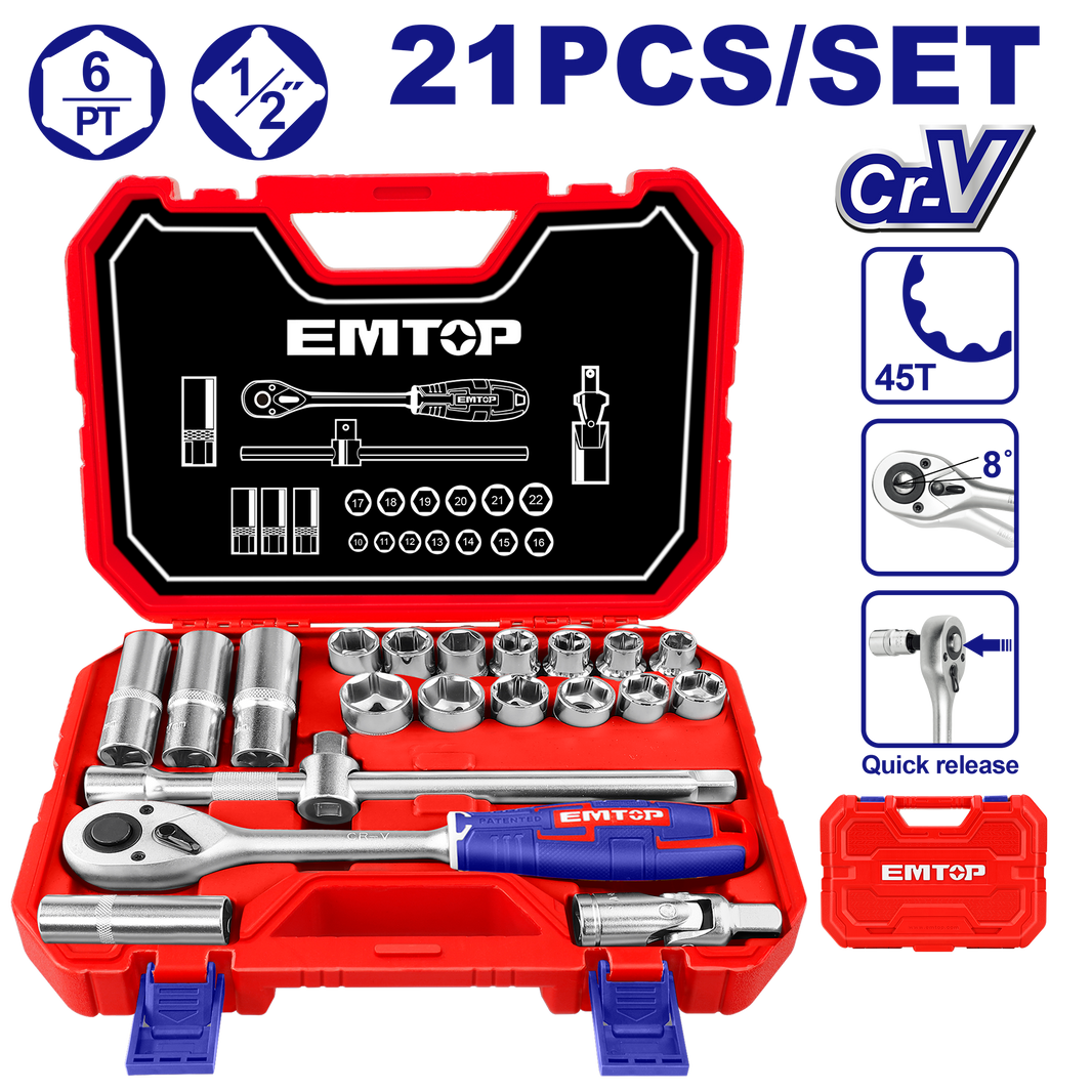 Coffret de 21 douilles 1/2″ EMTOP ESKT12211