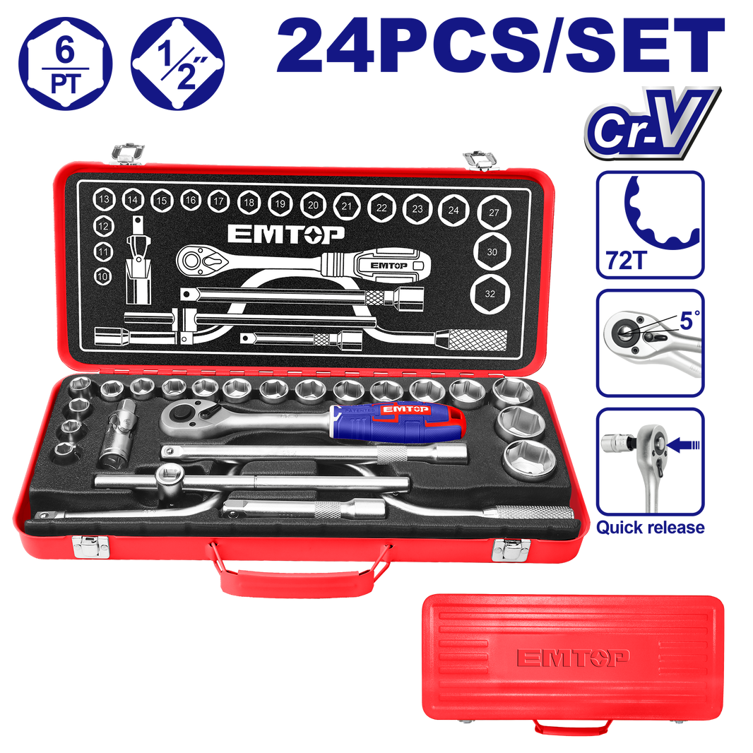 Jeu de 24 douilles 1/2″ EMTOP ESKT12243