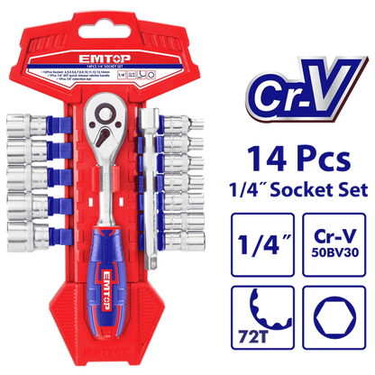 Jeu 14 douilles 1/4″ avec cliquet EMTOP ESKT14141