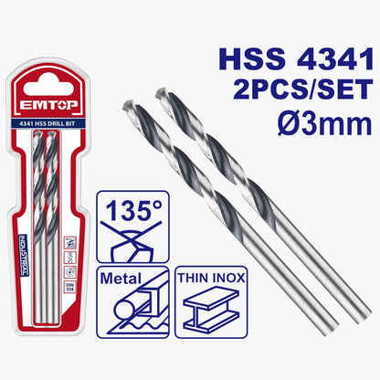 Jeu de 2 mèches métal HSS ø 3MM EMTOP ETDB310302