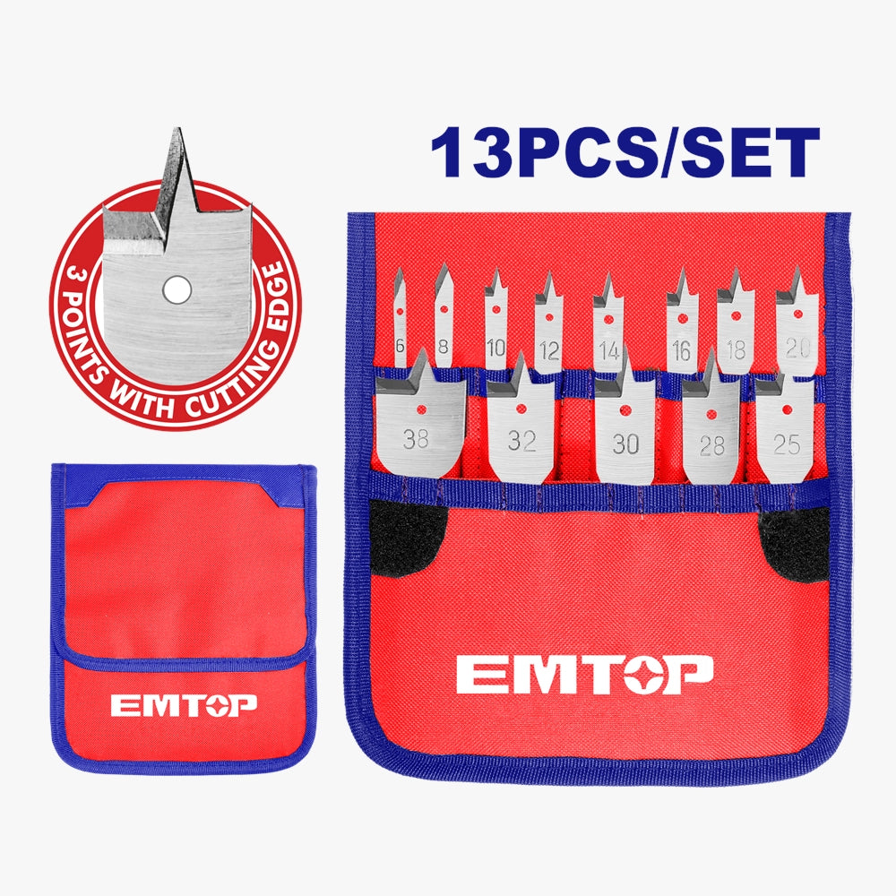Kit de 13 forets plats pour bois EMTOP EWFD41301
