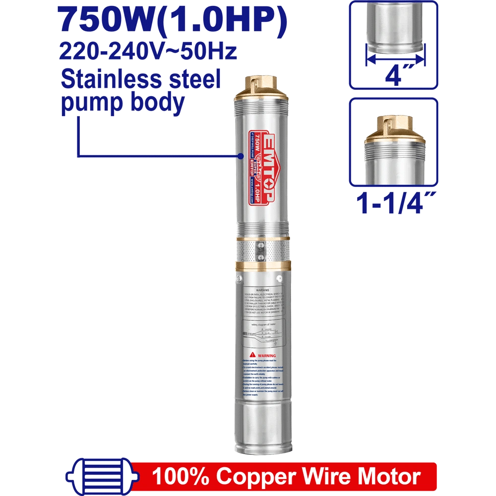 Pompe immergée 4″1HP H82M 220V EMTOP EWPPD07501