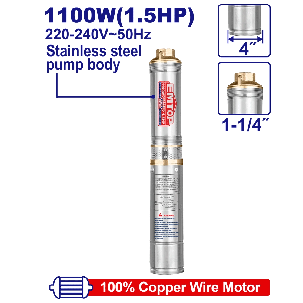 Pompe immergée 4″1.5HP H112M 220V EMTOP EWPPD11001