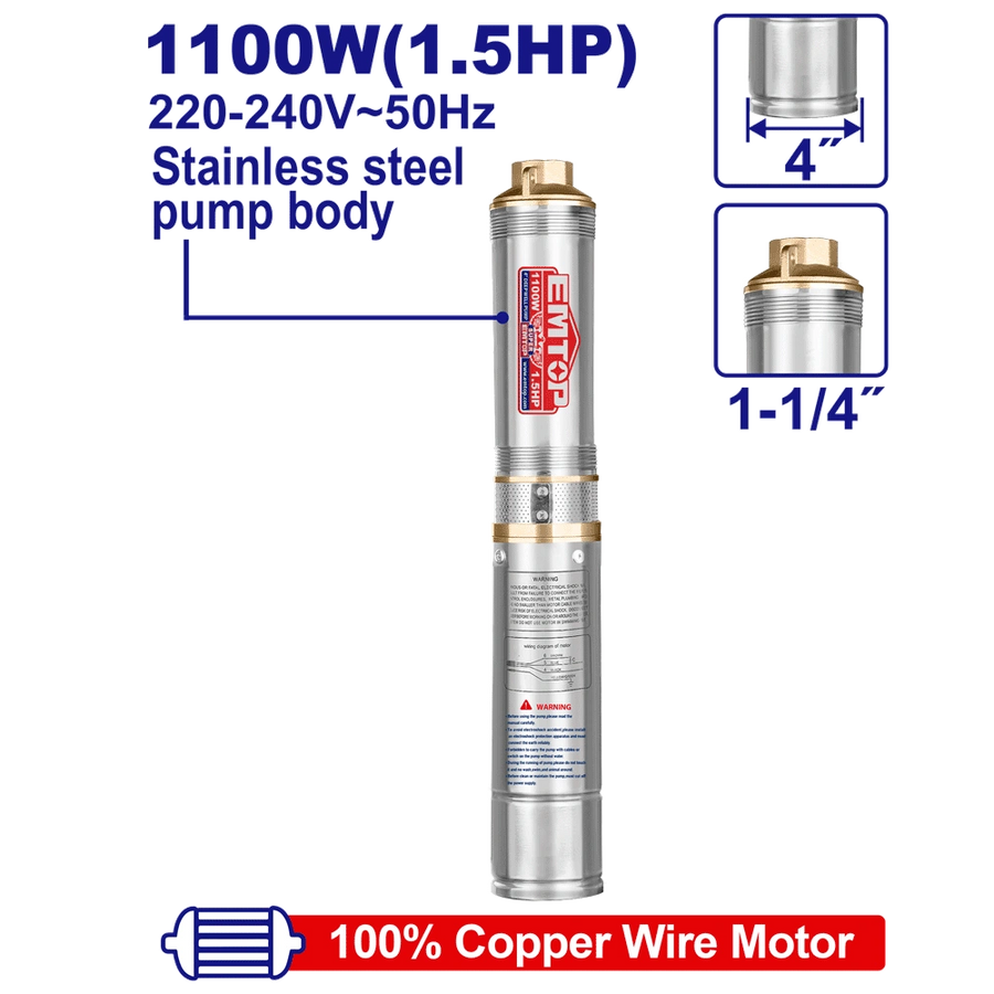Pompe immergée 4″1.5HP H112M 220V EMTOP EWPPD11001