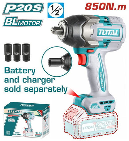 Clé à chocs sans fil 1/2 pouce 850 nm 20 v max moteur sans charbon TIWLI20851 TOTAL