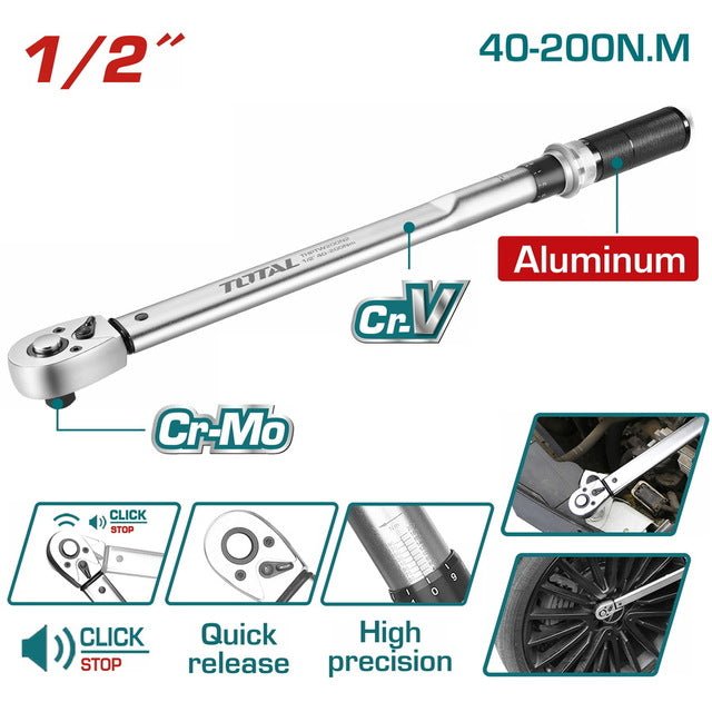 Clé dynamométrique demi pouce 40 à 200 n.m TOTAL haute précision fiabilité THPTW200N2