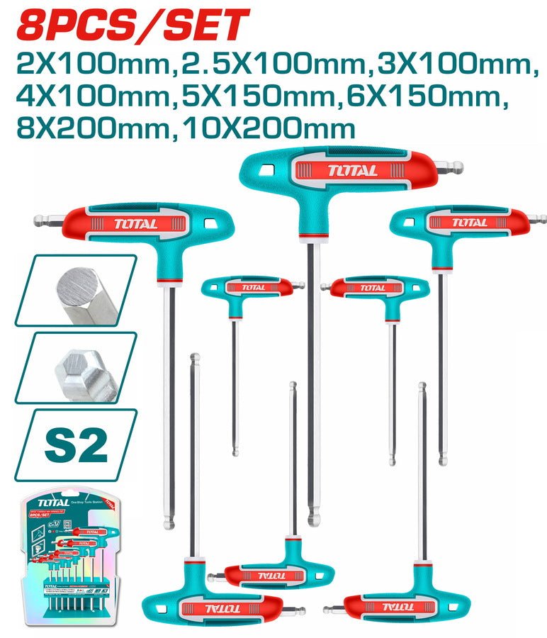 Clés hexagonales bille 8 pièces poignée t S2 tailles 2X100 à 10X200 TOTAL THHW80826