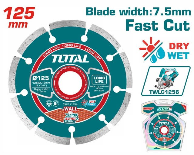 Disque diamanté TOTAL 125mm x 22,2mm lame 7,5mm longue vie TWLC1256