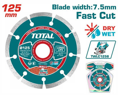 Disque diamanté TOTAL 125mm x 22,2mm lame 7,5mm longue vie TWLC1256
