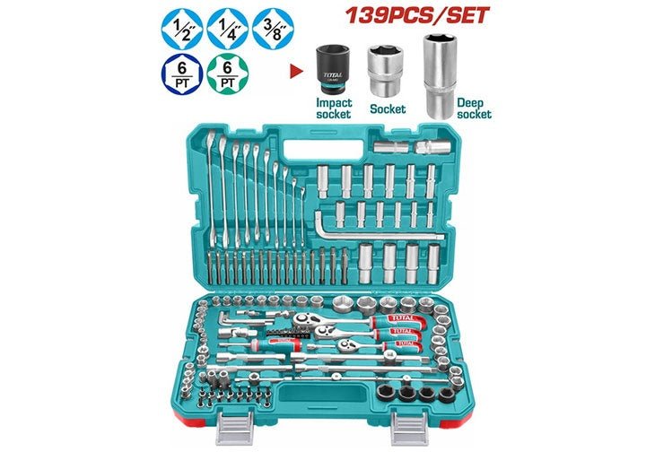 Ensemble outils TOTAL 139 pièces CrV douilles et cliquets THKTHP21396