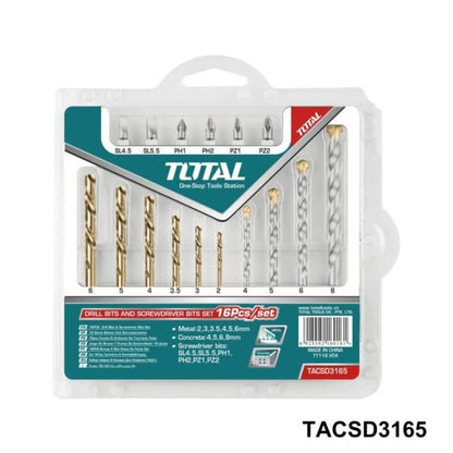 Forets et embouts TOTAL TACSD3165 16 pièces HSS 2-6 mm et 4-8 mm
