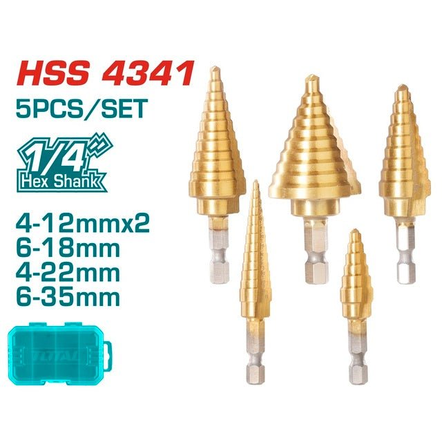 Forets étagés TOTAL 1/4 pouce polyvalent 5PCS TACSD2051 HSS 4341 hex shank