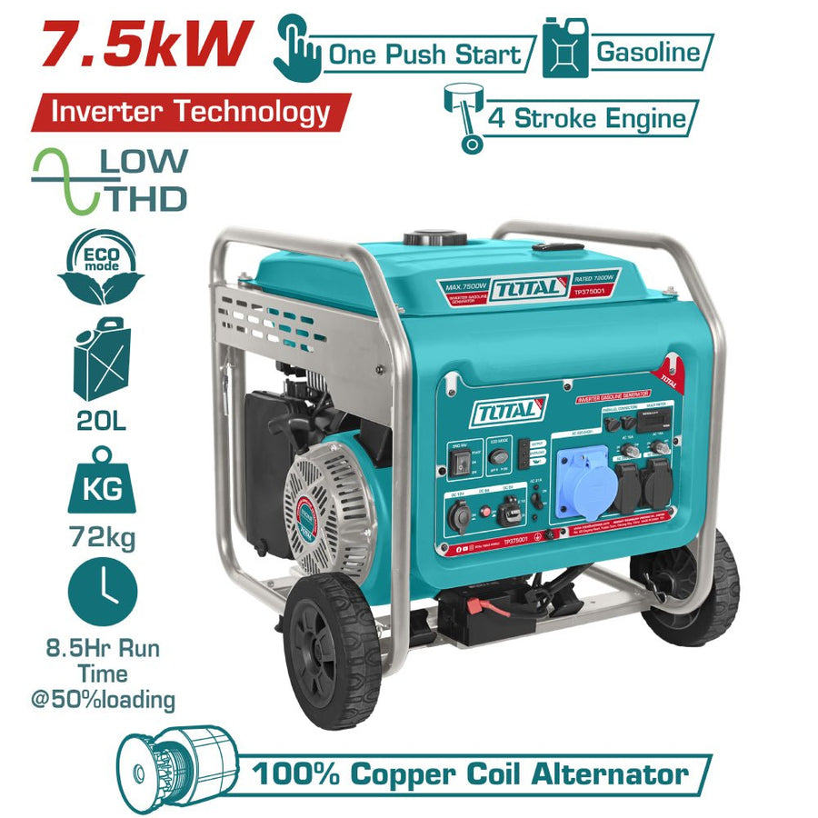 Groupe électrogène inverter TOTAL essence 7,5 kw TP375001