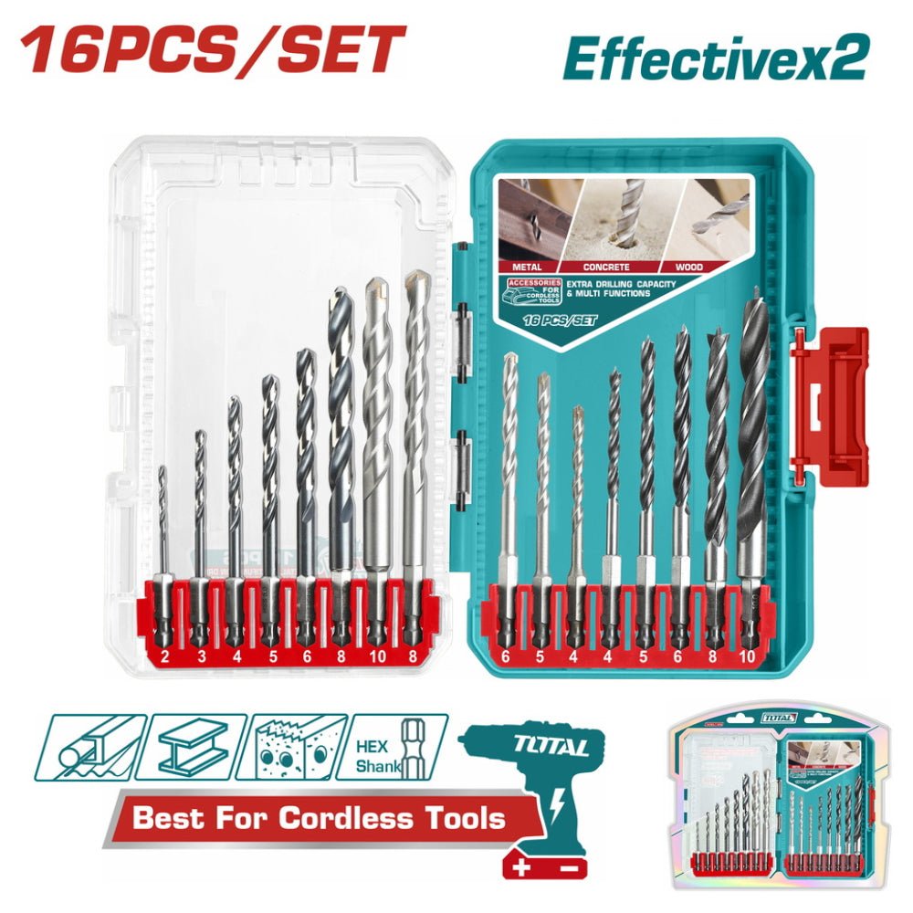 Jeu forets 16 pièces mixtes hex shank métal bois béton TOTAL tacsdl11608