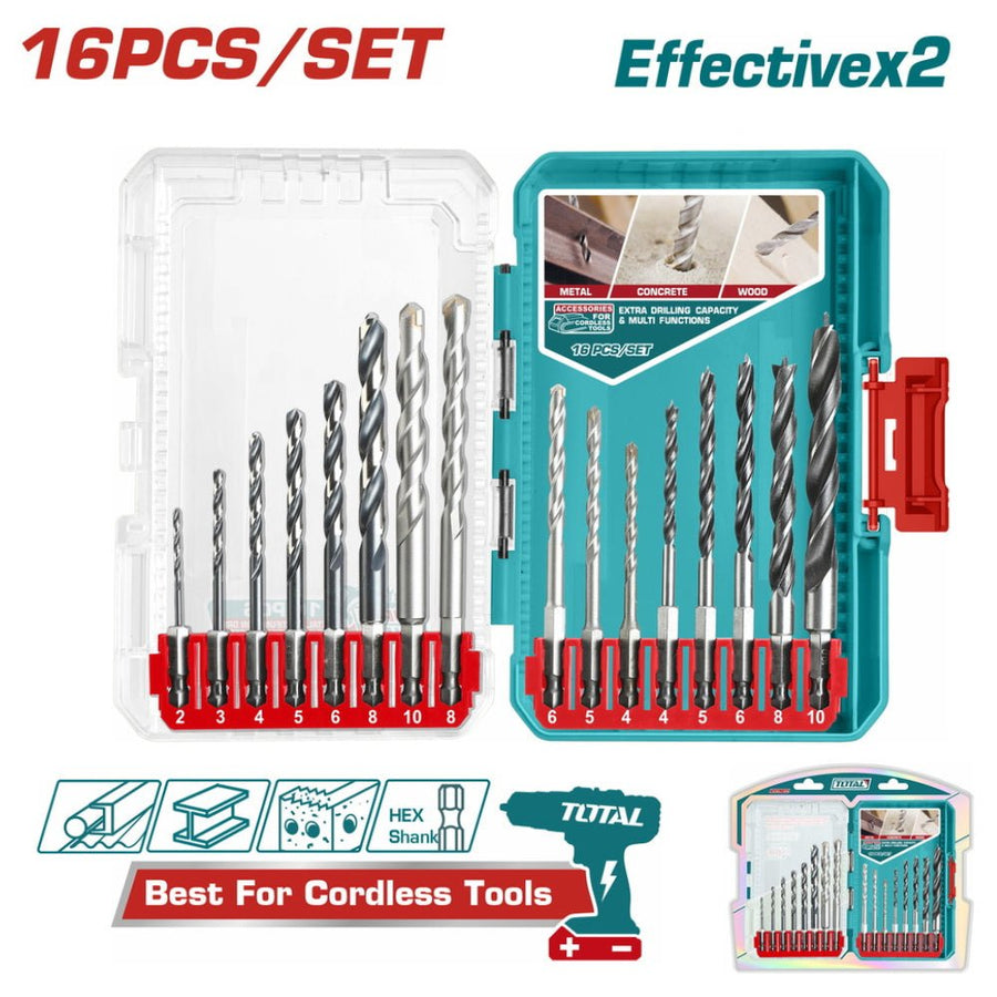 Jeu forets 16 pièces mixtes hex shank métal bois béton TOTAL tacsdl11608
