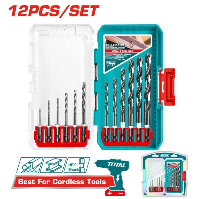 Jeu de forets HSS métal Inox 12 pièces à queue hexagonale TOTAL tools TACSDL11206