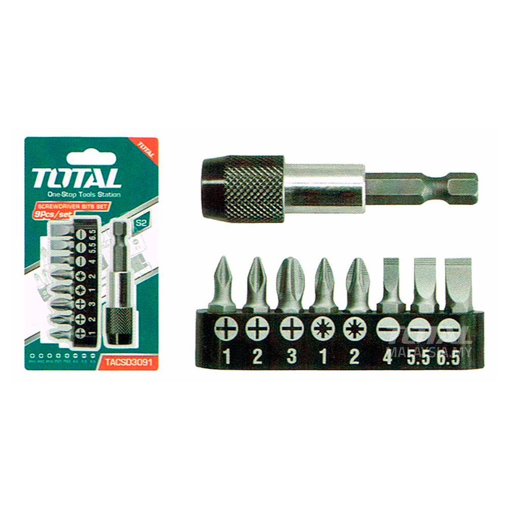 Jeu embouts tournevis 9 pièces TOTAL précision PH1 PH3 SL4 SL6 PZ1 PZ2 TACSD3091